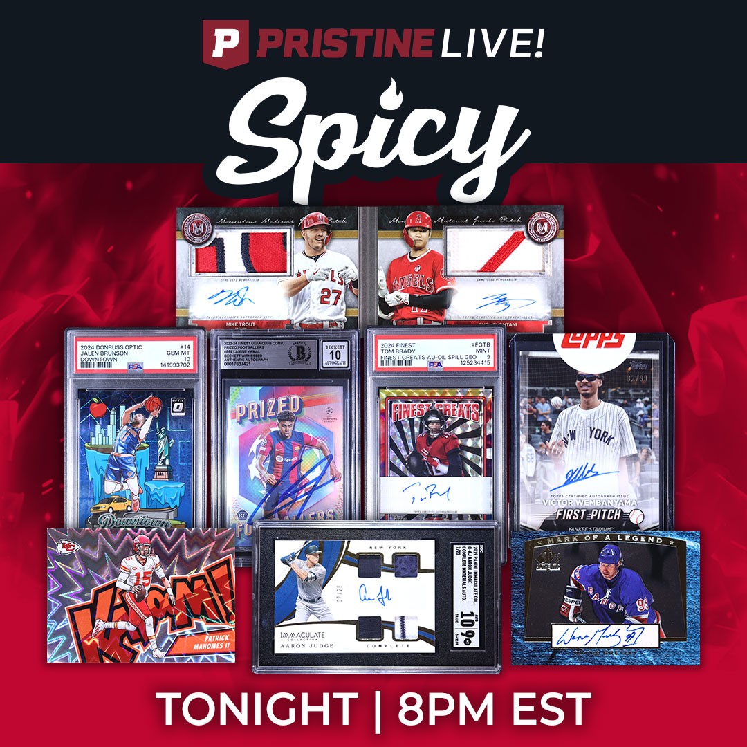 PristineAuction's tweet photo. 🔥 It's SATURDAY, and we're getting spicy all day long.
$100's in FREE Auction Credit givys!
1,000+ Sports Cards. Signed, Case Hits, Vintage.
- Cards @ 2pm–2am EST
- Saturday Night Spicy @ 8pm EST
- Pristine Rips! @ Midnight EST
$1 starting bids, no reserves. Register for free.