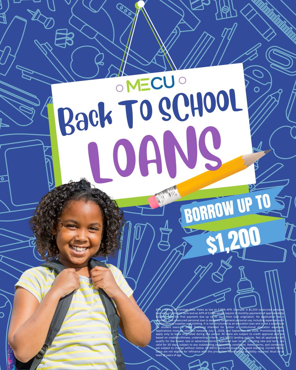 MeCU_OKC's tweet photo. Back-to-school costs add up fast. Let MECU help with a Back-to-School Loan. Apply by September 30 and get ready for the school year with confidence.

*APR = Annual Percentage Rate. Subject to credit approval. Membership eligibility required. Must be 18+. Restrictions apply. https://t.co/U9KFDmOGuH