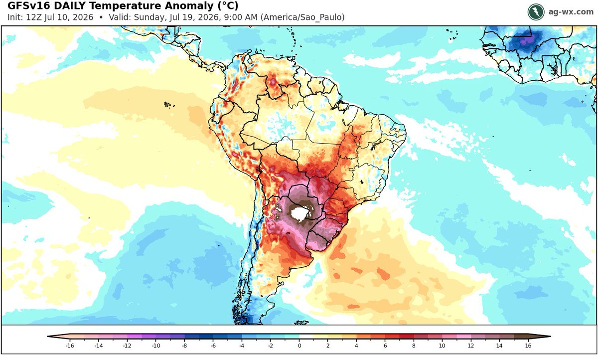 Igor__Roik's tweet photo. O GFS continua insano. Anomalia de temperatura com valores fora da escala, superando mais de 16°C acima da média nos dias 18 e 19.
Nestas áreas, o modelo projeta temperaturas de até 45°C. https://t.co/0SPMaVXrRk