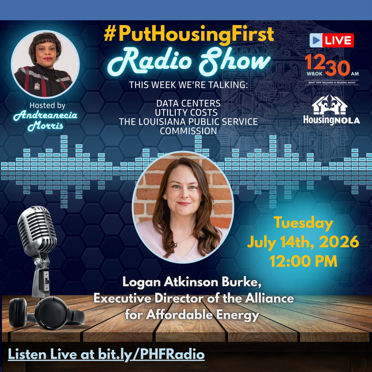 GNOHA's tweet photo. Join us this week as Andreanecia Morris welcomes Logan Burke to the show to discuss data centers, utility costs, and the Louisiana Public Service Commission.  
@andreanecia @All4Energy 
Listen Live at https://t.co/0IU5WHCq3o https://t.co/5stLP568U0