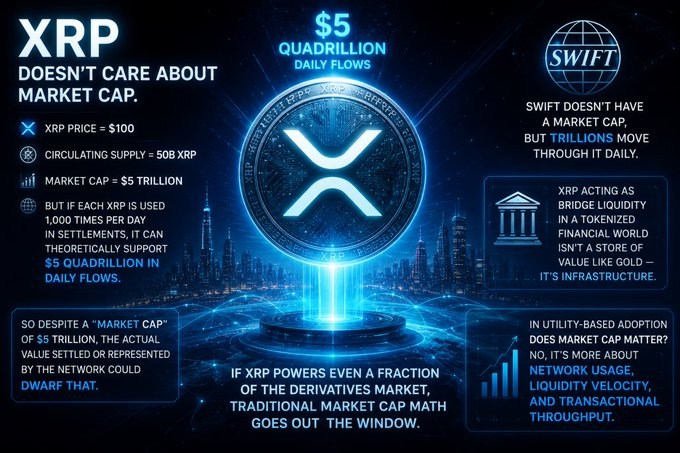 Gina_XRP's tweet photo. XRP does not care about market cap.

• XRP price = $100 • Circulating supply = 50B XRP • Market Cap = $5 trillion • But if each XRP is used 1,000 times per day in settlements, it can theoretically support $5 quadrillion in daily flows.

So despite a “market cap” of $5 trillion, the actual value settled or represented by the network could dwarf that.

SWIFT doesn’t have a market cap, but trillions move through it daily.

XRP acting as bridge liquidity in a tokenized financial world isn’t a store of value like gold — it’s infrastructure

In utility-based adoption does market cap matter? No, it’s more about network usage, liquidity velocity, and transactional throughput.

If XRP powers even a fraction of the derivatives market, traditional market cap math goes out the window.