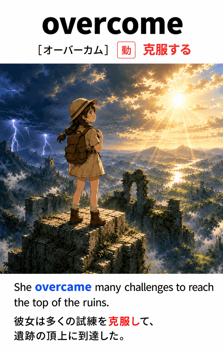 eitanfriends's tweet photo. 答え👇

overcome ＝ 克服する

💡 覚え方のヒント
語源は「（障害物を）越えて（over）来る（come）」。困難や誘惑に打ち勝って「克服する」という意味です。
★outcome(結果)との混同に注意。 https://t.co/C3QD8JNJJp