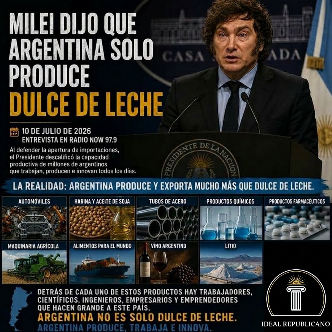 danhaggok's tweet photo. ¿"SOLO PRODUCIMOS DULCE DE LECHE"? La frase de Milei que desprecia a la Argentina que produce.

Hoy, 10 de julio de 2026, durante una entrevista en Radio Now, el presidente Javier Milei defendió la apertura de importaciones con una frase que generó fuerte polémica. Tras comparar a la Argentina con Suiza, afirmó que, si consumiéramos únicamente lo que producimos, "solamente comeríamos dulce de leche", porque "no tenemos muchas más cosas".

Más allá de la discusión sobre el libre comercio, la frase constituye una profunda descalificación de la capacidad productiva nacional y del trabajo de millones de argentinos.

¿De verdad un país que diseña y fabrica automóviles, produce maquinaria agrícola, exporta medicamentos, productos farmacéuticos, acero, software, biotecnología, satélites, reactores nucleares, petróleo, gas, litio, vinos, carnes, cereales, harinas y aceites puede ser reducido a "dulce de leche"?

Los datos muestran exactamente lo contrario. Incluso dejando de lado los productos primarios, entre las principales exportaciones argentinas se encuentran automóviles, harina y aceite de soja, tubos de acero sin costura, productos químicos y farmacéuticos, además de una amplia gama de manufacturas industriales.

Detrás de cada exportación hay trabajadores, científicos, ingenieros, técnicos, productores, emprendedores y empresas que todos los días sostienen el aparato productivo nacional.

Se puede debatir la apertura comercial, el nivel de protección de la industria o el modelo económico que necesita el país. Lo que no debería hacer un presidente es minimizar el talento, el esfuerzo y la capacidad de una Nación que produce alimentos para el mundo, desarrolla tecnología, agrega valor y compite en numerosos mercados internacionales.

Argentina no es un país que solo produce dulce de leche. Argentina produce trabajo, conocimiento, innovación, industria y futuro. 

"Y ningún argentino debería aceptar que se menosprecie el enorme potencial productivo de su país."

Súmate a nuestro canal de editoriales políticas: 👇
https://t.co/3eHLu2ZA30

#SoloDulceDeLeche #MileiDulceDeLeche #DulceDeLecheMilei #ArgentinaProduce #DulceDeLecheGate