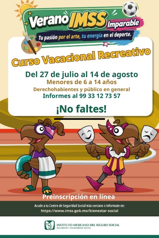 Tabasco_IMSS's tweet photo. Se invita a niñas, niños y adolescentes de 6 a 14 años a participar en las actividades físicas, deportivas y recreativas que se realizarán en el Curso Vacacional Recreativo del Centro de Seguridad Social. 🦅
🟢Informes: (993) 312 73 57
#CVR #IMSSContigo https://t.co/GWnoSJQjYb