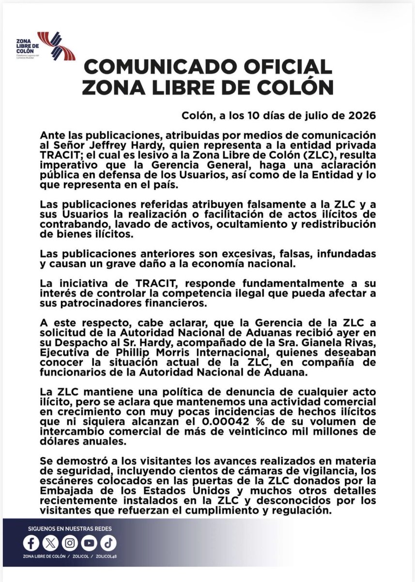 as_salazar's tweet photo. Ante las publicaciones, atribuidas por medios de comunicación al Señor Jeffrey Hardy, quien representa a una entidad privada, las cuales son lesivas a la Zona Libre de Colón y por ende al país @zolicol emite el siguiente comunicado: https://t.co/gi9tD2wXU5