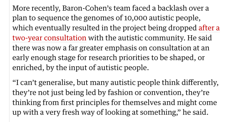 sentientist's tweet photo. Simon Baron-Cohen was going to sequence the genomes of 10,000 autistic people but some autistic people didn't like it, so he didn't. https://t.co/ktmHE80jp3