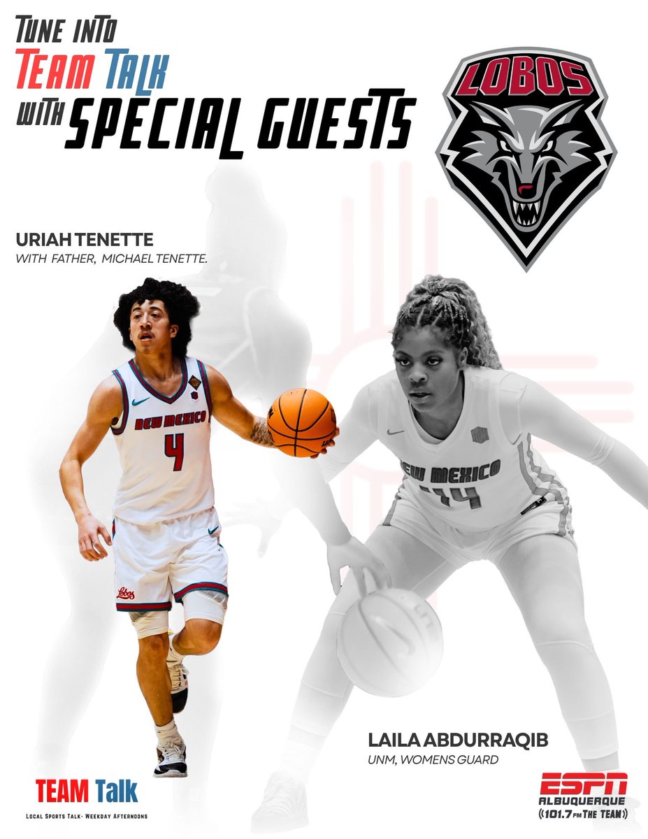 ESPN1017theteam's tweet photo. Tune in to TEAM Talk today at 5 p.m. as the guys are joined by Lobo Guard Uriah Tenette, his dad Michael Tenette, and Lobo Women’s Guard Laila Abdurraqib for a jam-packed hour of Lobo Hoops talk on https://t.co/6eRrAHQI1c

•
•
•
•
•
#espn
#unm
#newmexico
#lobo
#basketball https://t.co/run3r6MdBZ