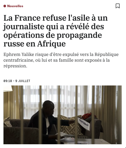 PascalJouary's tweet photo. La France refuse l'asile à un journaliste qui a révélé des opérations de propagande russe en Afrique

Ephrem Yalike risque d'être expulsé vers la République centrafricaine, où lui et sa famille sont exposés à la répression. https://t.co/tUXr2weVcG