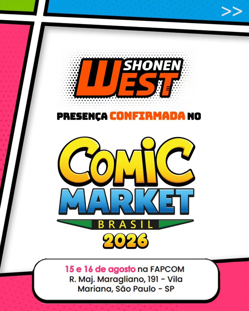 shonenwest's tweet photo. 🚨 A SHONEN WEST ESTÁ CONFIRMADA NO CMB 2026! 🚨

Venha conhecer a SHONEN WEST, descobrir novos talentos e viver uma experiência feita para quem ama criar e consumir histórias.

15 e 16 DE AGOSTO NA FAPCOM: São Paulo/SP

VENHA FAZER PARTE DO FUTURO DOS MANGÁS BR! 🚀📖 https://t.co/gu5z4glYhJ