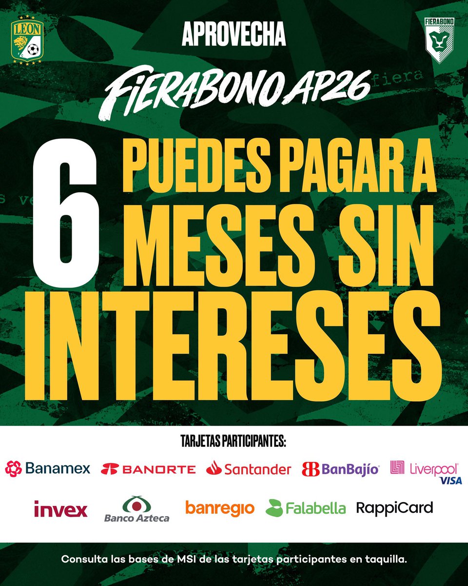 clubleonfc's tweet photo. ATENCIÓN 📣

Este fin de semana nuestras taquillas estarán abiertas para que puedas comprar tus FIERABONOS 🦁 a 6 MSI con TDC participantes.

Sábado | 10 AM a 7 PM
Domingo | 10 AM a 2 PM

¡No esperes más! https://t.co/i7ryP43Zgw