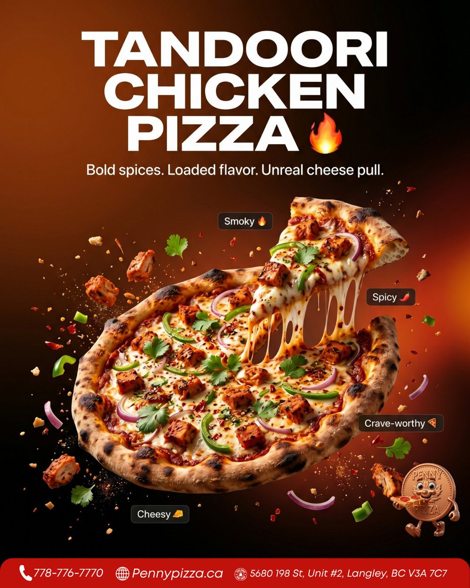 PennyPizzaCa's tweet photo. 🔥 Turn up the heat with our Tandoori Chicken Pizza! 🍕

One bite and you'll know why it's everyone's new favorite! ❤️

📍 Visit us: 5680 198 St, Unit #2, Langley, BC V3A 7C7
📞 778-776-7770
🌐 https://t.co/DNB7tLQCuW

#TandooriChickenPizza #PennyPizza #LangleyEats #PizzaLovers https://t.co/bZ82Br2bFy