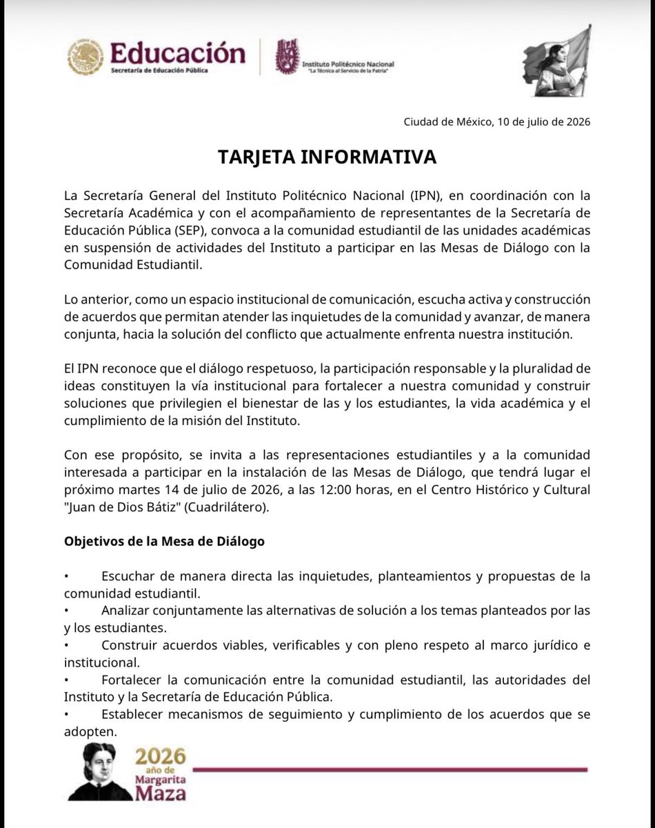 IPN_MX's tweet photo. #IPNInforma | La @SEP_mx, la @SecretariaIPN y la @AcademicaIPN convocan a la comunidad estudiantil de las unidades académicas en suspensión de actividades del #IPN a participar el próximo martes en la instalación de las Mesas de Diálogo, un espacio para la construcción de acuerdos.