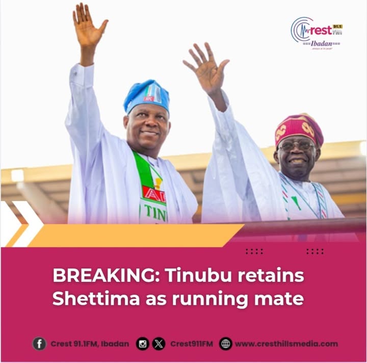 crest911fm's tweet photo. The All Progressives Congress today confirmed Vice President Kashim Shettima as President Bola Tinubu’s running mate for the 2027 presidential election, ending months of speculation over his place on the party’s ticket.

#CrestFM https://t.co/N4F0Rkwyc4