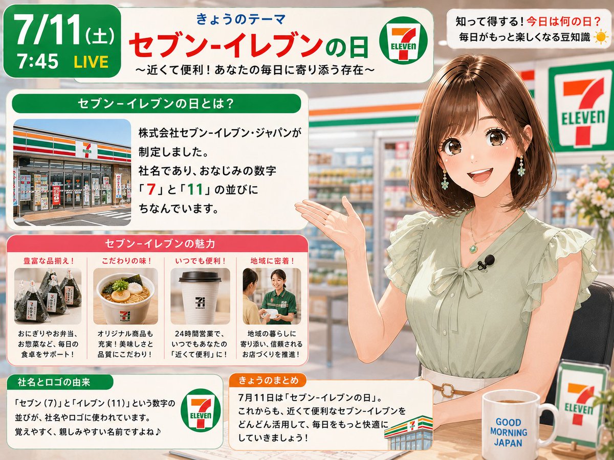 おはようございます☀️ 今日7月11日は「セブン-イレブンの日」です
