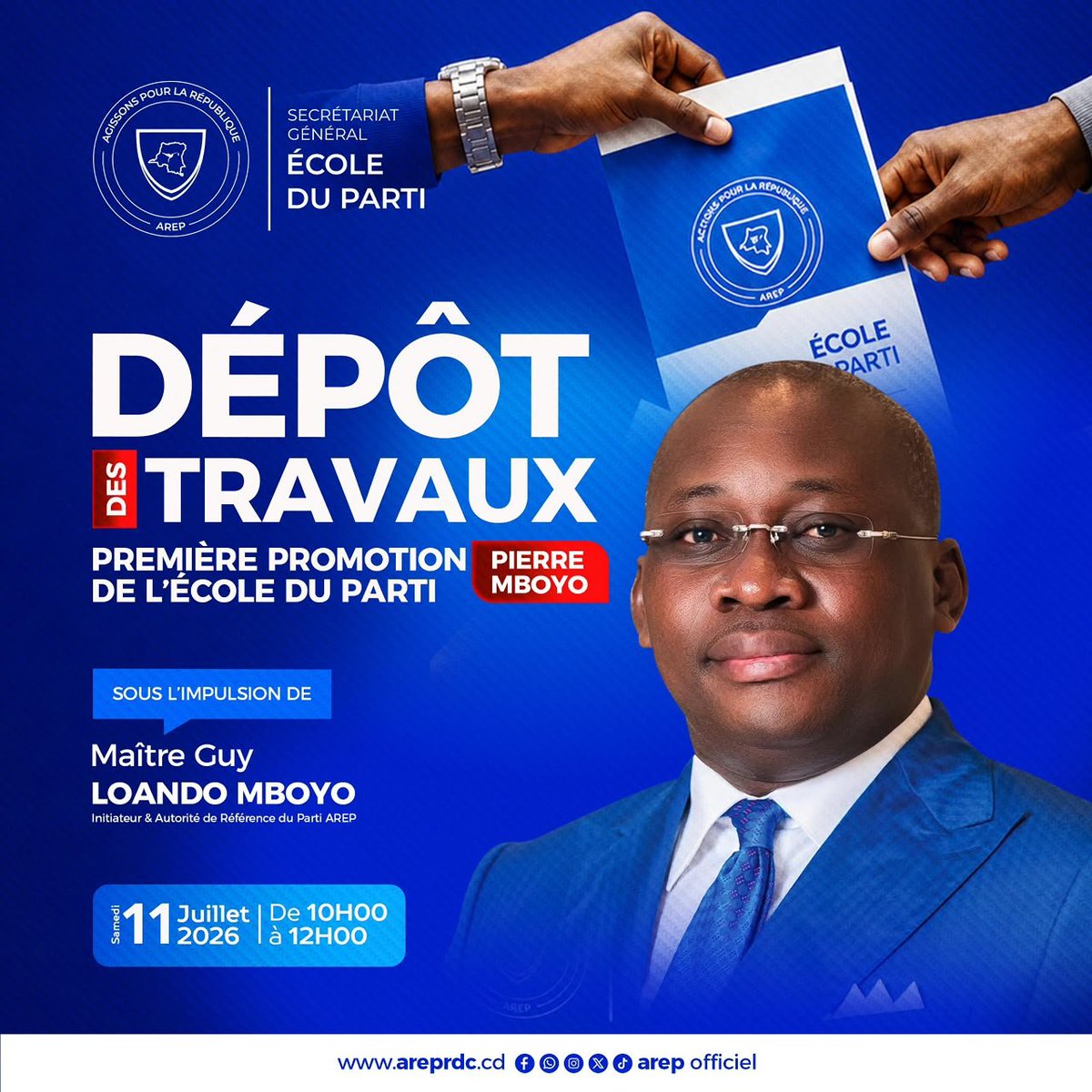 MarkusPremier's tweet photo. Le parti @ArepOfficiel , cher au MinÉtat @Guy_Loando , va bientôt clôturer la première session de l'école du parti. Les dépôts des travaux sont prévus pour ce samedi 11 juillet 2026. https://t.co/uBLUDjt6WY