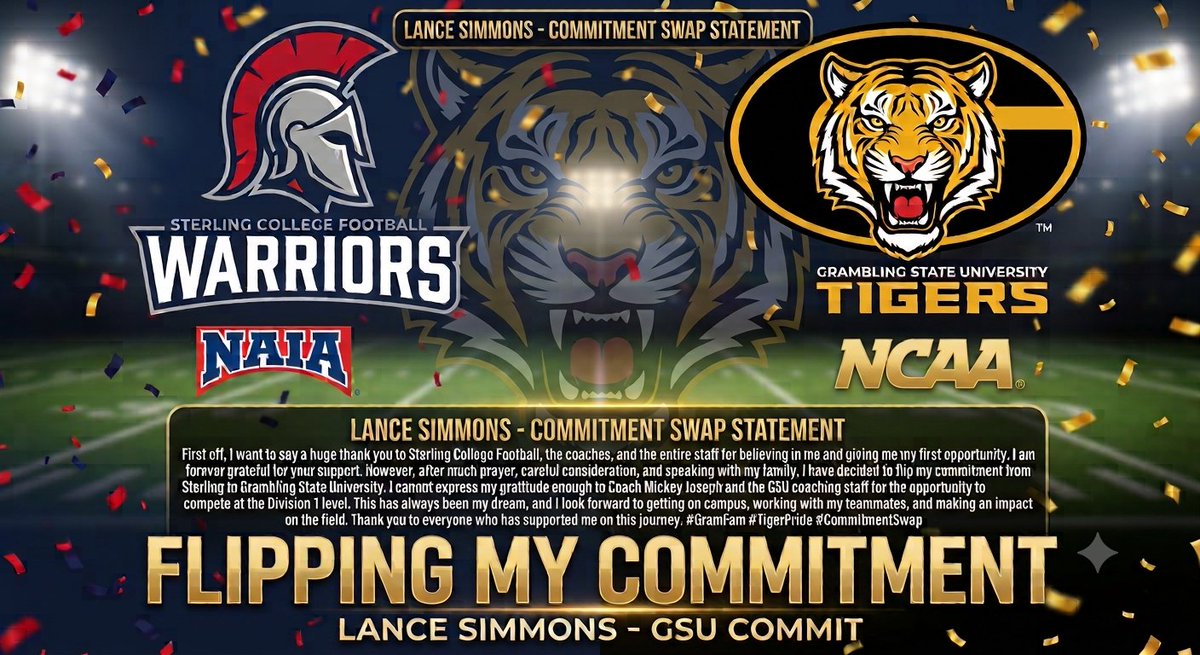 Lancesimmons07's tweet photo. First off, I want to thank God. I am extremely blessed to commit to Grambling State University! Huge thank you to Coach Joseph for the opportunity. Cannot wait to get on campus and get to work. #GramFam https://t.co/ycfPgw3Ohq