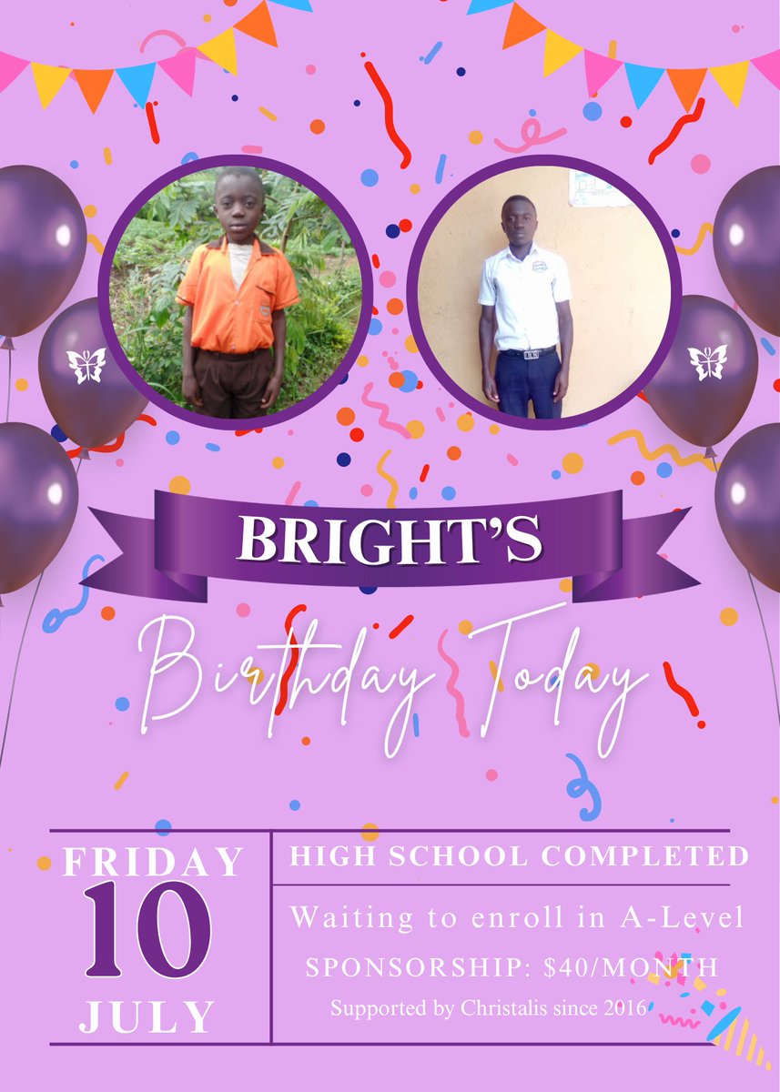 ChristalisInc's tweet photo. Is it your birthday today? You share it with Bright!

We helped him complete high school but don’t have a sponsor to help him progress to A levels. Would you gift him another year of school? https://t.co/DGzoCojhb2