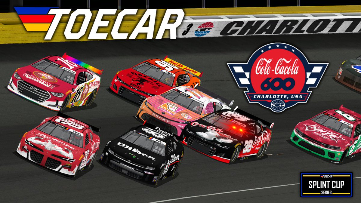 TOECARNews's tweet photo. In about an hour at 7ET, The Splint Cup Series rip around Charlotte Motor Speedway for... 67 LAPS! The track is slicker than ever this time, and we expect to see an incredible show of talent and nutrition.

And no, we do NOT have a catchfence in turn 3. https://t.co/U2Tjp4vpwk