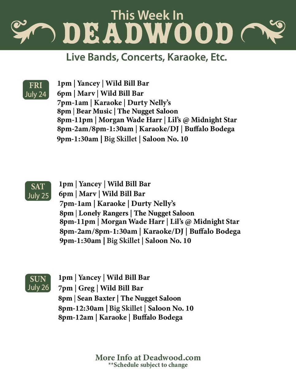 DeadwoodSD's tweet photo. Come on down to Historic Downtown Deadwood this week for great music, dancing, and trivia! #DeadwoodSD #visit #weekendfun #Awesome #livemusic #events https://t.co/cxoXB7RVdd