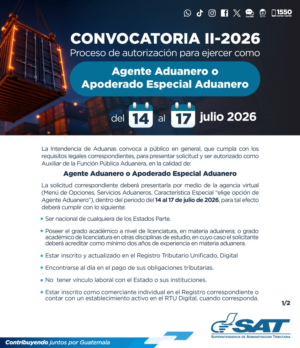 SATGT's tweet photo. 📢 Convocatoria II - 2026

Proceso de autorización para ejercer como Agente Aduanero o Apoderado Especial Aduanero ⬇ https://t.co/zdiju2sPC8