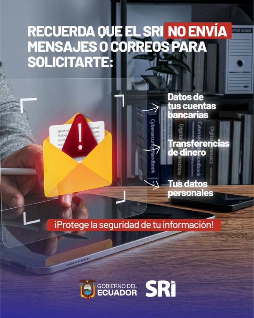 VeronicaDavilaV's tweet photo. 🚨 ¡Alerta!

📩 Si recibes un correo electrónico que solicita información personal, pagos o descargas, no hagas clic.

🕵️Los ciberdelincuentes buscan sorprenderte. 
 ¡Protege tu información! https://t.co/Gy96bDRkTT