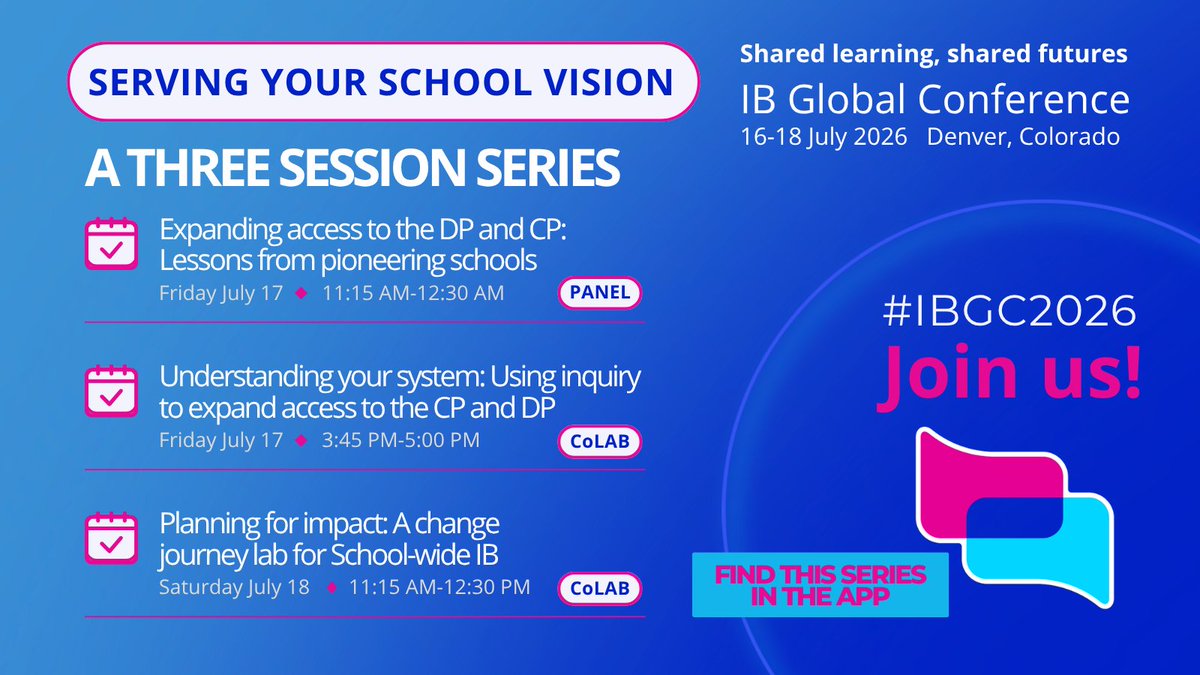 PhilEvansEdu's tweet photo. Are you attending the IB Global Conference in Denver?This year have an incredible THREE PART SERIES to partner with schools expanding access to the @IB_DP and @ib_c_p! Wherever your school is on the journey, we have the resources and insights to support you.

Join us! Workshop your school strategy alongside experienced experts. #SchoolwideIB

#IBGC2026 #education #impact #learn2learn