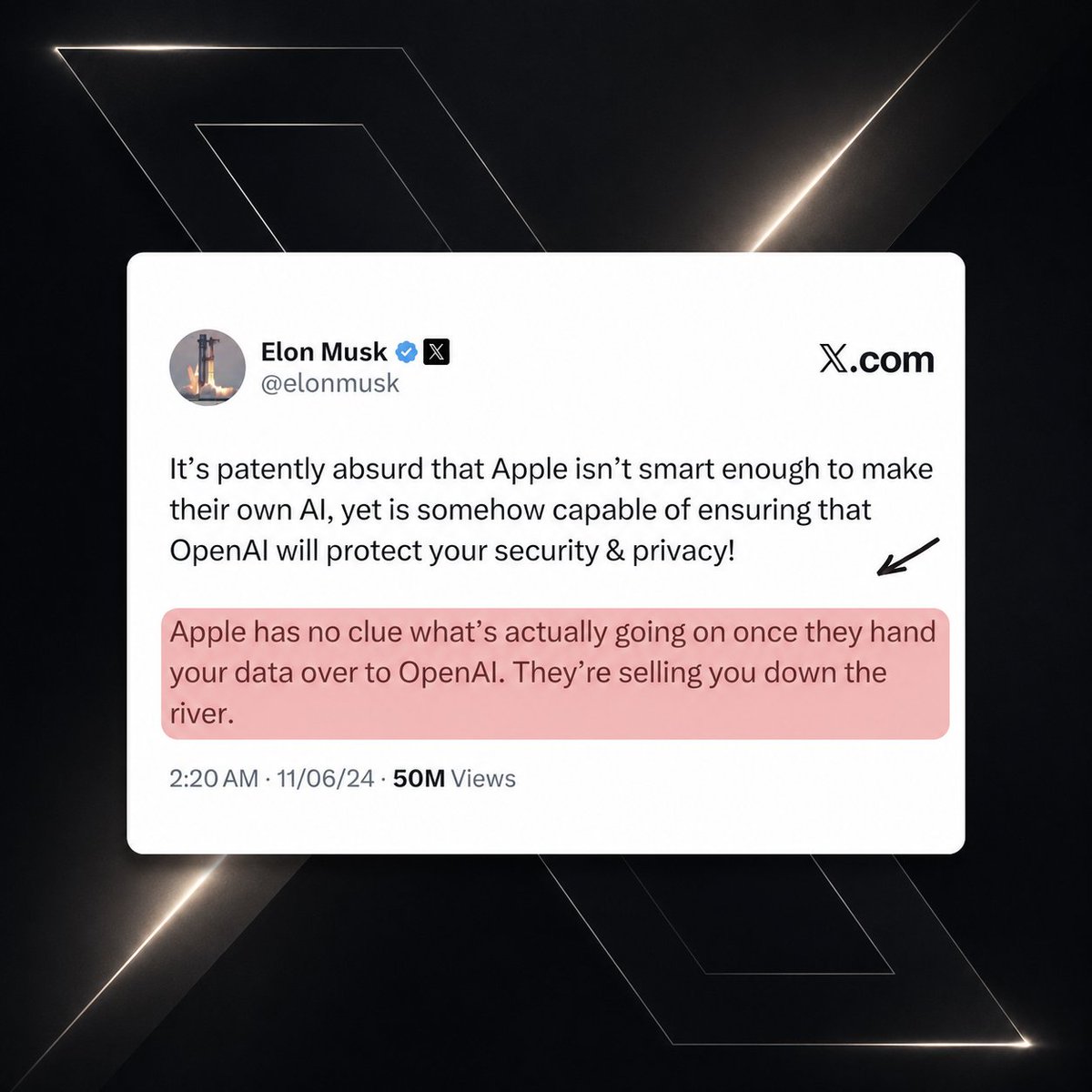 cb_doge's tweet photo. Elon Musk warned Apple about OpenAI two years ago. https://t.co/RVJ6sQbX6q
