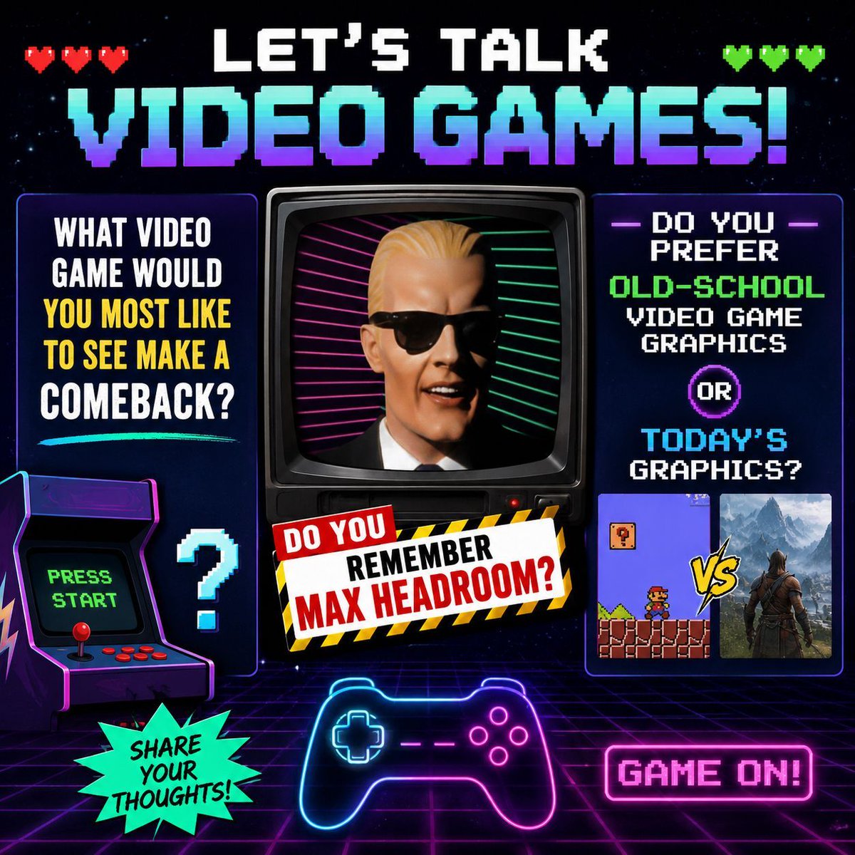 NKAirplayRadio's tweet photo. Do you remember Max Headroom?
What video game would you most like to see make a comeback? Do you prefer old-school video game graphics or today's graphics?
#RetroGames #MaxHeadroom https://t.co/fFfNf3C77e