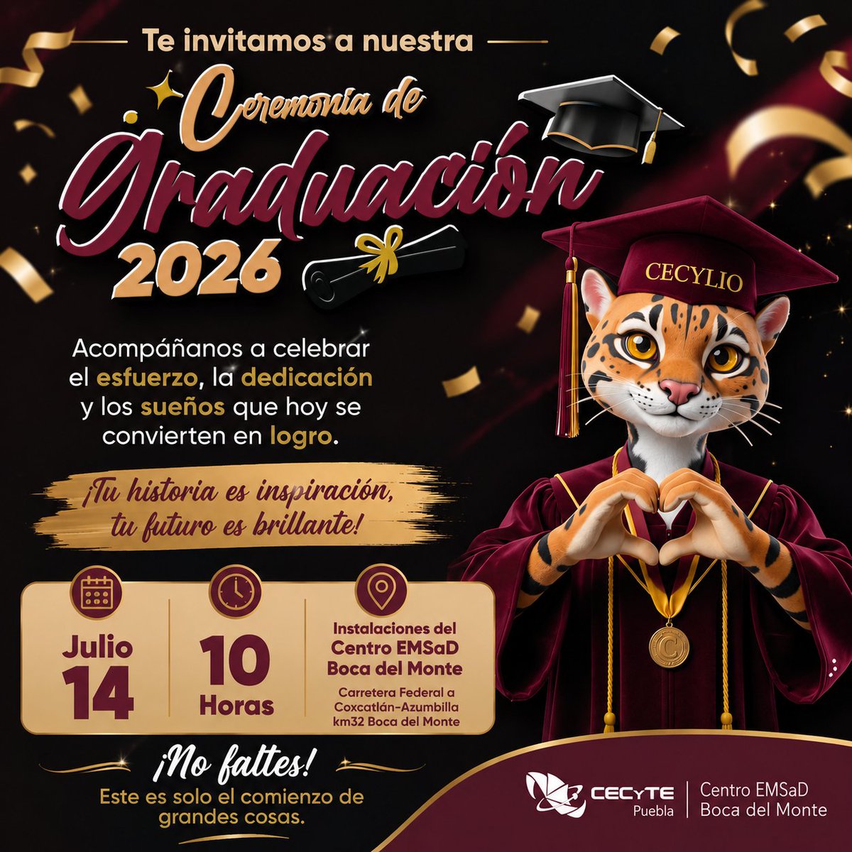 EMSaD_BM's tweet photo. Con gran orgullo, el Centro EMSaD Boca del Monte les invita a ser parte de la Ceremonia de Graduación 2026, un momento muy especial en el que celebraremos el esfuerzo, la dedicación y los logros de nuestras y nuestros estudiantes.
#CECYTEPuebla #HazloEnGrande #PorAmorAPuebla https://t.co/WJD07C381F