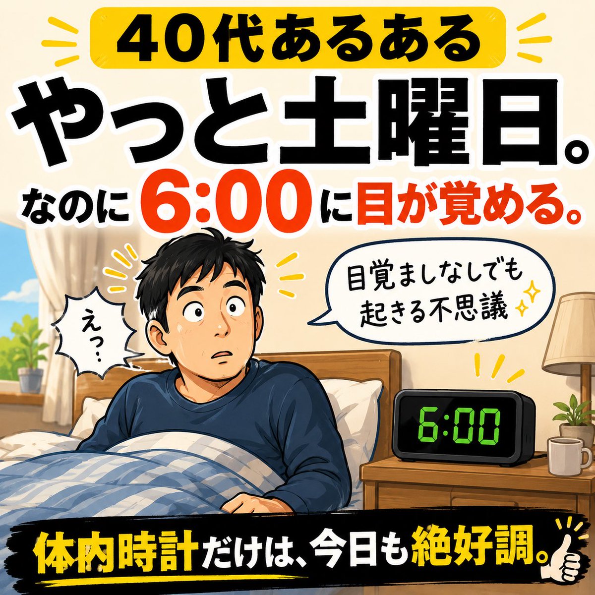 care_mamoru's tweet photo. おはようございます☀️

まだ7月上旬なのに猛暑が続き、体力を削られている方も多いと思います。

休みの日くらいはゆっくり眠って、体力を回復させたい。

でも年齢を重ねると、若い頃のように長く眠れないんですよね。

それなら早く目が覚めた朝の時間を、有効に使っていきたいと思います🕰️ https://t.co/iJBaQUN1KW