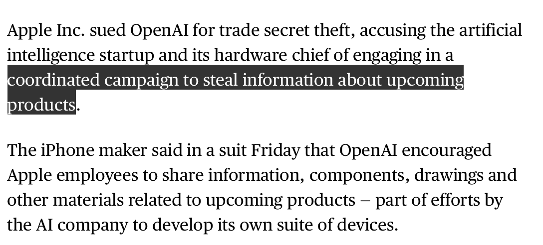 Screenshot highlighting Apple's allegation that OpenAI's hardware business relied on misappropriated trade secrets