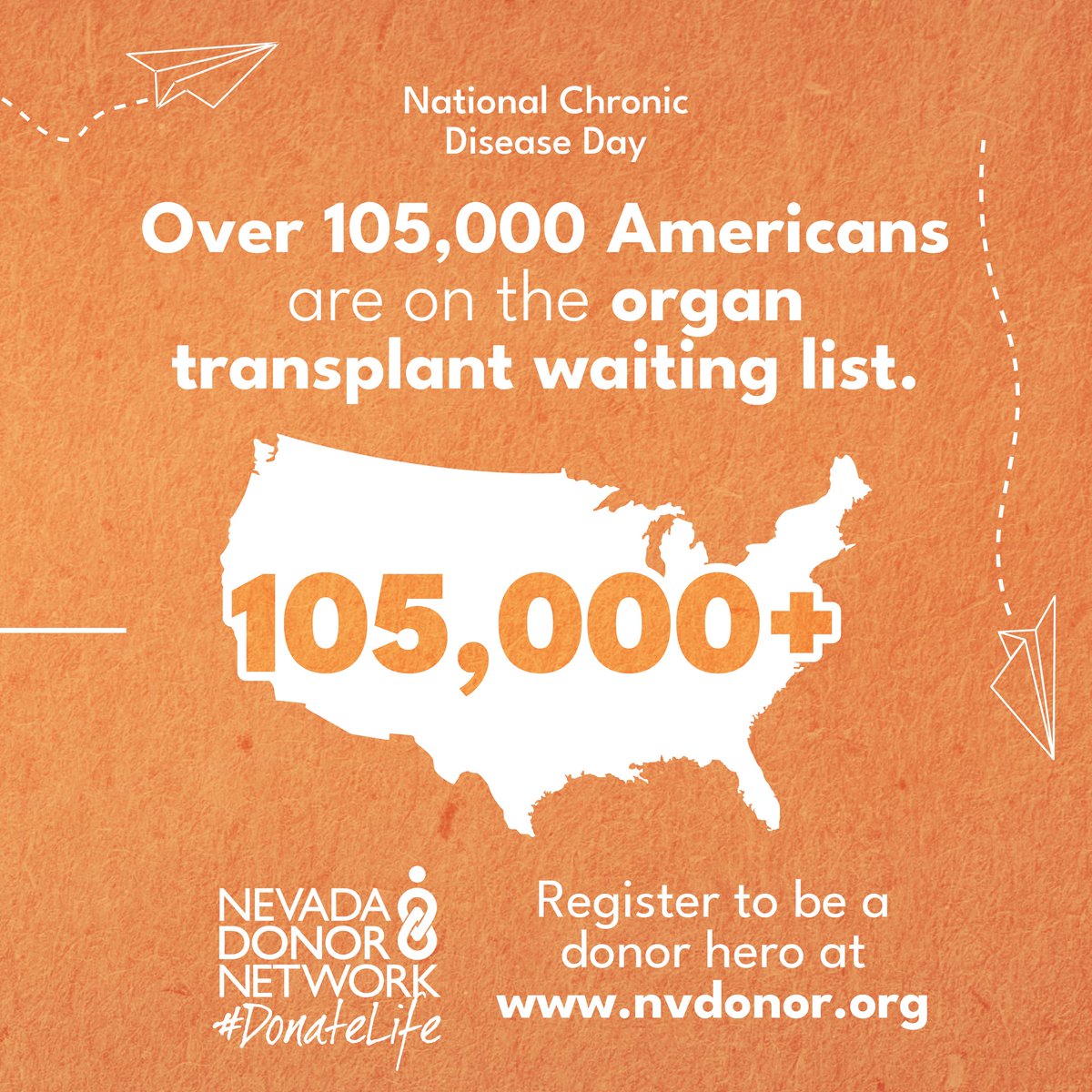 NVDonor's tweet photo. Today is #ChronicDiseaseDay. Did you know? Chronic diseases impact nearly every community in the United States. According to the @CDCGov, 3 in 4 adults in the United States are living with at least one chronic disease. We recognize the millions navigating these conditions every day. Organ, eye & tissue donation directly impacts many people whose chronic diseases have led to organ failure, tissue damage, etc. #DonateLife
