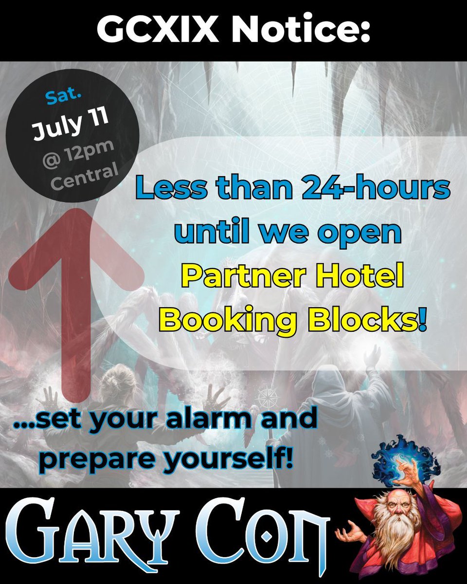 GaryCon's tweet photo. Gary Con XIX Hotel Partner booking details are set to go live on our website tomorrow (Saturday, July 11th) at noon Central Time!
NOTE: Rooms at the Grand Geneva and Timber Ridge Lodge don't open until September 21.
#GaryCon #GCXIX #Gaming #TTRPGs #PartnerHotels https://t.co/jLpPrEh6sU