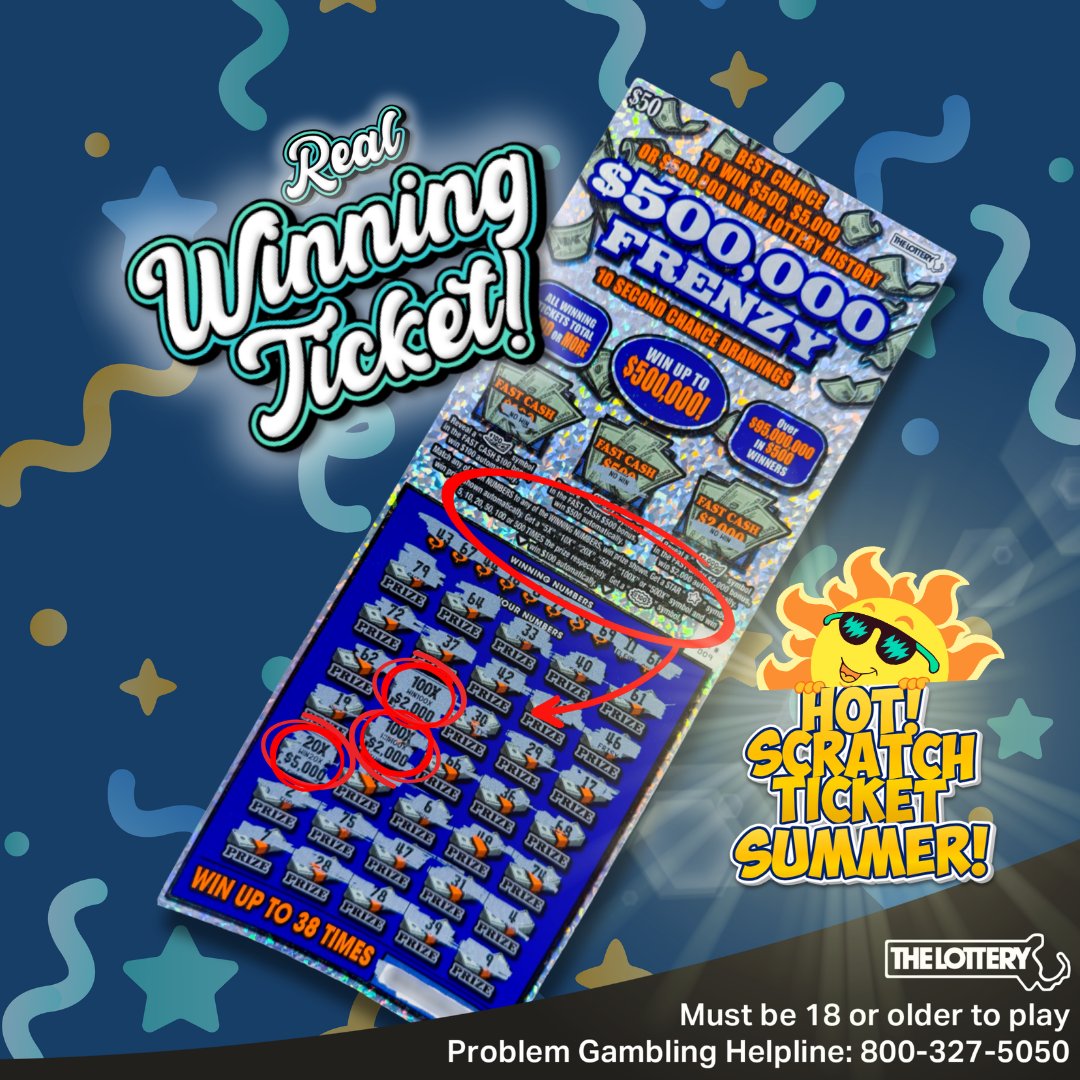 MAStateLottery's tweet photo. 😎 Hot Scratch Ticket Summer continues… two more $500,000 Frenzy ($50) winners in #Adams and #Abington
Recent winners > https://t.co/cVwHRJky5W
#MassLottery
#Lottery
#ScratchTicket
#Scratchie
#Frenzy
#HotScratchTicketSummer
#Massachusetts https://t.co/fg32hsjSWp