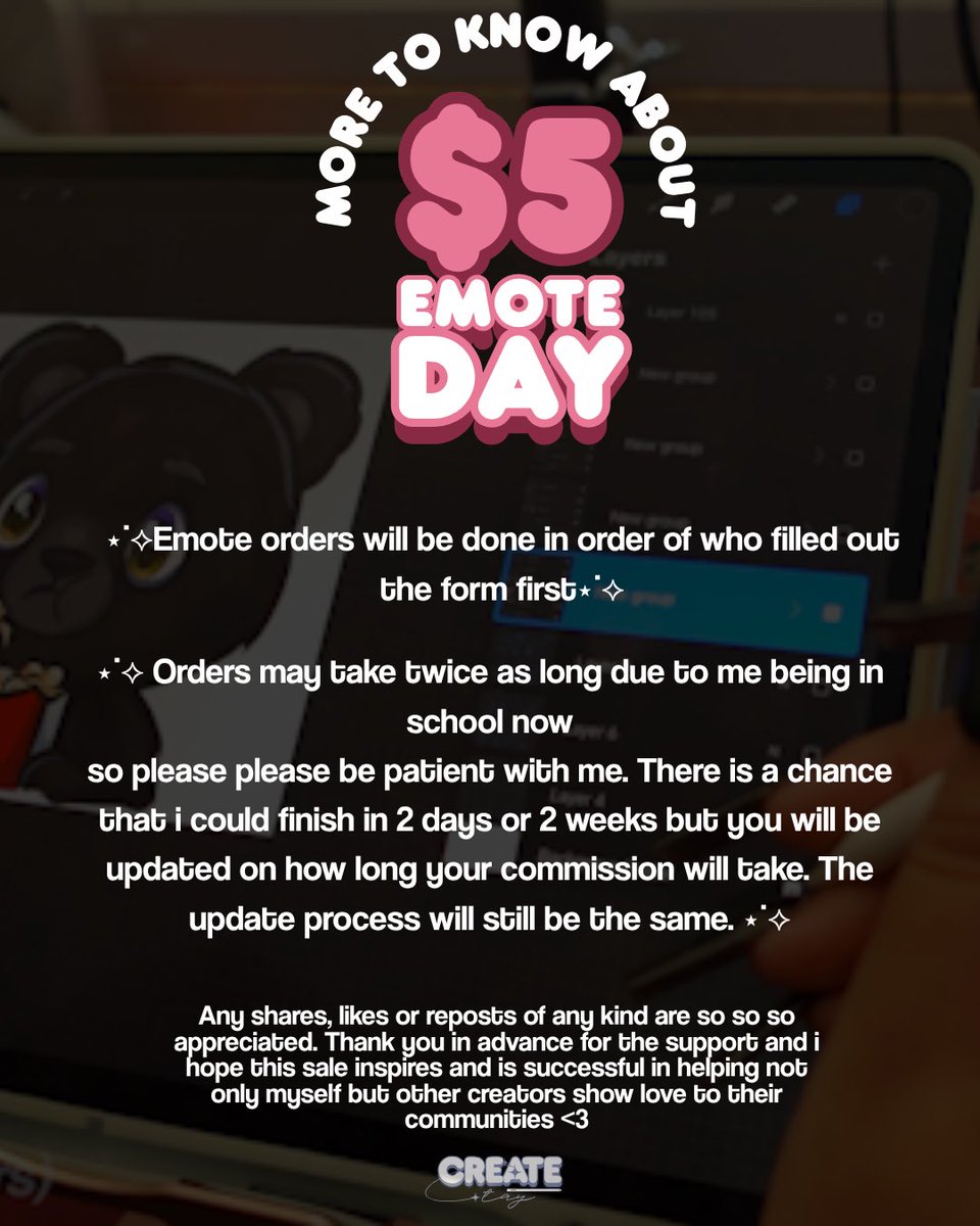 Taylareilene's tweet photo. More to know about $5 emote day ✨
Starts tonight at 9:00 PM PST! https://t.co/fsAyVuLT3A