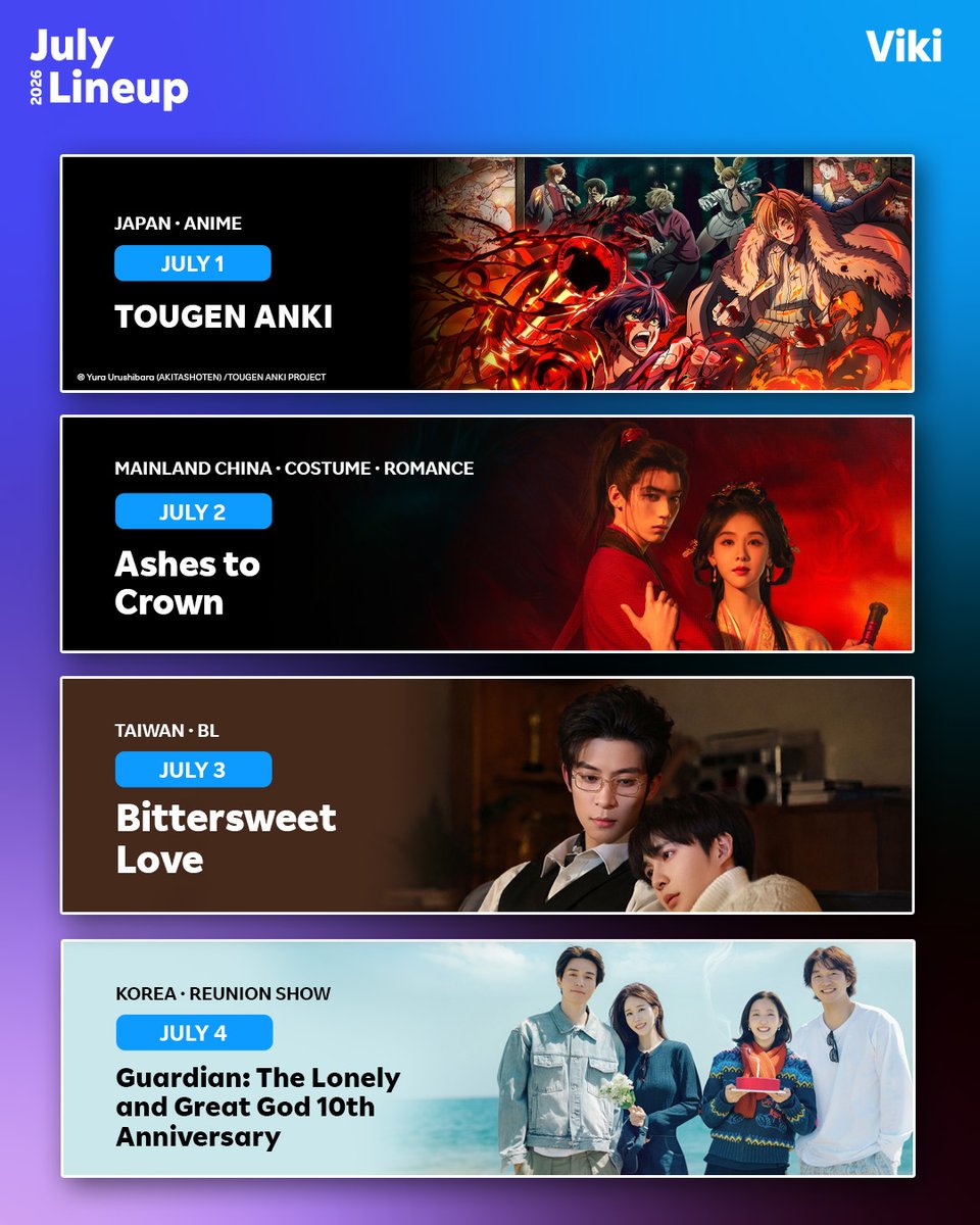 Viki's tweet photo. July on #Viki is here just in time for summer. ☀️ These are a few highlighted premieres dropping throughout the month, plus more titles still to come. Add them to your Watchlist. 🎬 https://t.co/iLdPjw3Zb9