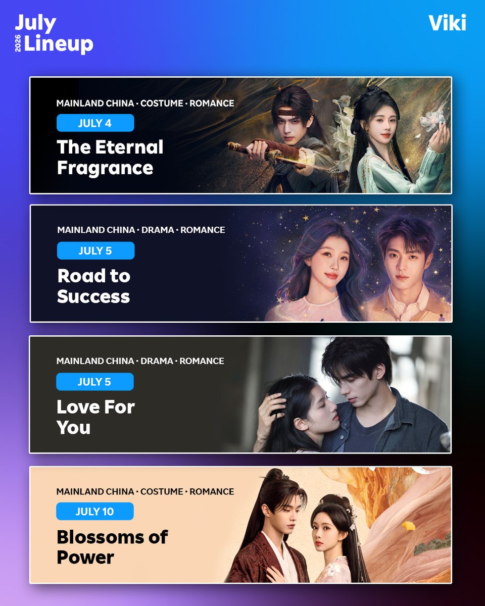Viki's tweet photo. July on #Viki is here just in time for summer. ☀️ These are a few highlighted premieres dropping throughout the month, plus more titles still to come. Add them to your Watchlist. 🎬 https://t.co/iLdPjw3Zb9