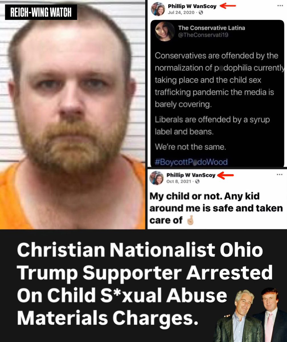 ReichWingWatch's tweet photo. 🚨A 32-year-old MAGA farmer who weaponized p*dophilia to attack “communist” Democrats, Phillip William Vanscoy, has been indicted on numerous child s*xual abuse materials charges.

Vanscoy, of La Rue, Ohio, married with three kids, was indicted in April on 4 counts of Illegal Use of a Minor in N*dity-Oriented Material plus tampering with evidence. A Marion County grand jury just tacked on 6 MORE counts of the same charge in a supplemental indictment — 11 felonies total.

The case started with a tip from the Internet Crimes Against Children Task Force. Investigators say Vanscoy used the disappearing-message app Kik. Bodycam footage obtained by NBC4 allegedly shows him admitting to downloading n*de images of kids as young as 5. His defense? “If I downloaded it, I did it by accident or not knowing.”

Prosecutor says messages reviewed in the case suggest Vanscoy tried to worm his way into local youth groups — investigators are now checking whether he had inappropriate contact with children through them.

VanScoy spent years on Facebook insisting there’s a “global p*dophile ring” run out of liberal Hollywood, swearing “any kid around me is safe and taken care of,” and posting prayers to “protect our children from evil.”

He also posted Confederate flag apologia, historical revisionism insisting the USA was founded as a Christian nation, calls to put the Bible in schools, anti-trans posts, and called liberals and Democrats “communists.”

VanScoy is out on bond and his next court date Sept. 8.

It’s the same story. Every time.
