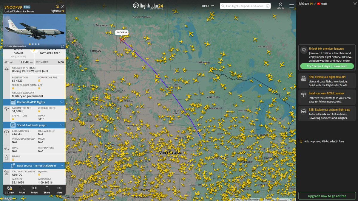 AIYeyENGDdJkjTr's tweet photo. July 11, 2026
#Offutt Air Force Base, Nebraska ==> #Anchorage Elmendorf Air Force Base
#SNOOP39 #AE01D0 USAF RC-135W Rivet Joint https://t.co/JJdvvkFm8I