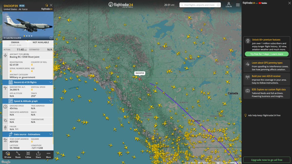 AIYeyENGDdJkjTr's tweet photo. July 11, 2026
#Offutt Air Force Base, Nebraska ==> #Anchorage Elmendorf Air Force Base
#SNOOP39 #AE01D0 USAF RC-135W Rivet Joint https://t.co/JJdvvkFm8I