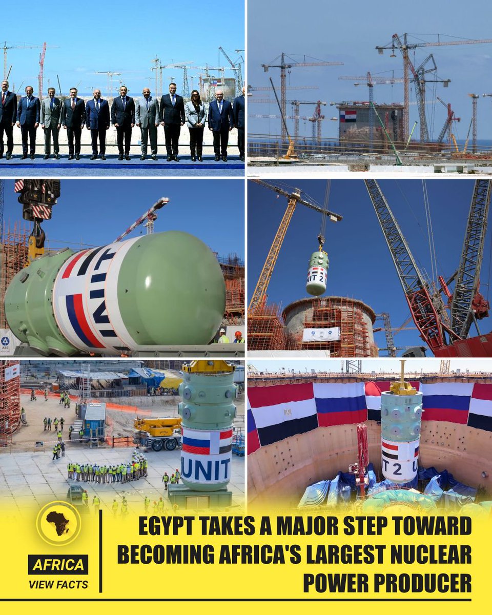 AfricaViewFacts's tweet photo. Egypt 🇪🇬 is set to become Africa’s largest nuclear power producer after a major milestone at the El Dabaa Nuclear Power Plant. 

The reactor pressure vessel for Unit 2 has been installed, marking significant progress in the project. 

Russia’s state owned nuclear energy company, is leading the plant’s construction. 

The plant will have four reactors with a combined capacity of 4,800 MW, supplying about 10% of Egypt’s electricity when fully operational.

The first reactor is expected to begin generating power around 2028.
