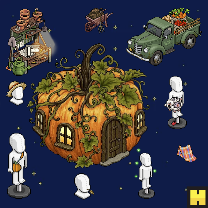 Joonicornia's tweet photo. Here is some noteworthy furni and wearables coming this September for the Sunset Ranch campaign! 

My favorite is the Pumpkin House!🎃The attention to detail is amazing!

#Habbo https://t.co/gGIXFBSJb5