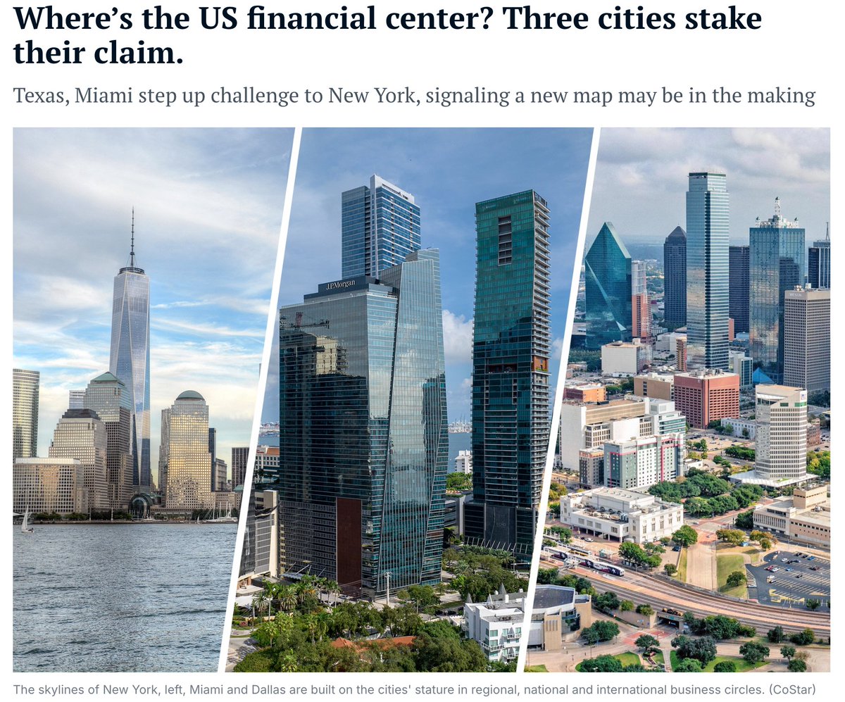 JulieChangRE's tweet photo. Y'all Street

DFW now ranks as the nation's second-largest financial market outside of New York City

Morgan Stanley is planning to build a $1.3 billion hub in Uptown Dallas, and Goldman Sachs is nearing construction on a highly anticipated two-building, 800,000-square-foot campus. Bank of America is building its new namesake office structure with 30 stories and more than 500,000 square feet with a potential rolling ticker for the Texas Stock Exchange, just blocks from the Federal Reserve Bank of Dallas.