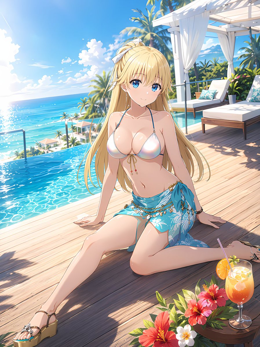 AURAs_Secret's tweet photo. 【本垢で見送りシリーズ🌴✨】

本日は『ようこそ実力至上主義の教室へ』より、
**七瀬翼（水着ver.）**のファンアートをお届けします☀️
海を一望できるラグジュアリーリゾートホテルを舞台に、夏の開放感と爽やかな空気をイメージして制作しました🏖️✨

4枚それぞれ違う表情や仕草で、七瀬の明るく優しい雰囲気を感じていただけたら嬉しいです😊💙

皆さんは今回の4枚の中で、**一番お気に入りのシーンはどれですか？**🌺✨

SFW anime-style AI fanart. No nudity, No suggestive intent, Healthy for all ages,

#ようこそ実力至上主義の教室へ
#七瀬翼 #よう実 #ファンアート
#水着ファンアート #AIイラスト
#本垢で見送りシリーズ