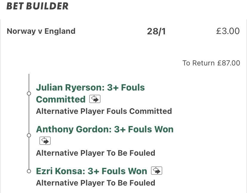 x3m1014's tweet photo. Norway vs England Matchup Bet Builder

ST vs CB | Haaland vs Konsa
LW vs RB | Gordon vs Ryerson

Konsa Fouls Won (2.45 per 90)
3,1,3,2,2,2,1,2,1,2,0,2,5,3,2,3,4,3

direct matchup vs haaland who has committed 1,0,2,2 fouls this wc all on opposing cbs, went with konsa over guehi as data is stronger but guehi higher odds if yall want.

Gordon Fouls Won (2.5 per 90)
4,6,0,5,1,1,1,2,1

Ryerson Fouls (2.07 per 90)
2,1,2,2,3,1,2,0,2,3,2,3,2,1

3u
1u
0.3u