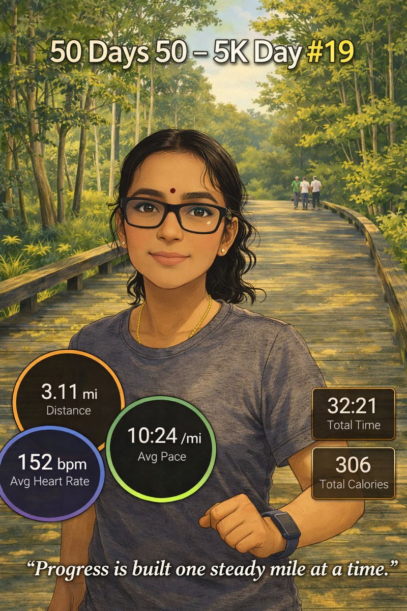 Jayalakshm61866's tweet photo. 50 Days 50 – 5K Day #19 🌿
Progress is built one steady mile at a time.
3.11 mi | 10:24 /mi | 152 bpm | 32:21 | 306 cal
#GhibliRun #FowlerTrails #MarathonRunnersOfAtlanta #HalfMarathon #ChooseExerciseNotDrugs #HealthyHabits #RunForChange https://t.co/ZGBNIdOhhq