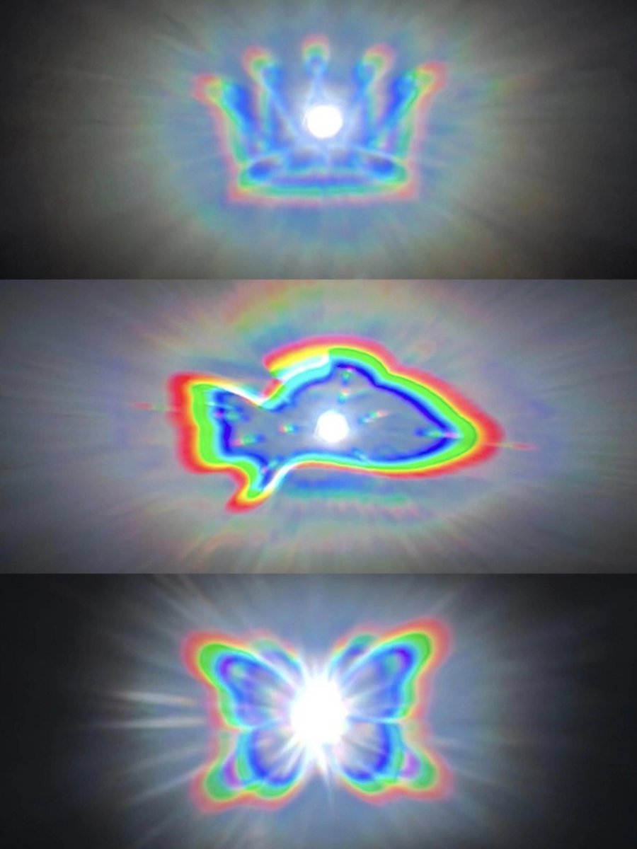 qwertyuioplp99's tweet photo. Clearer view hahaha the fish is from Yueyue’s concert glasses. The one you put on a light it shows fishes. The crown and butterfly is from Leizi’s Mistine merch. There is a 4 panel picture and the last one is just a blank slot with clear film but when you put it on light it shows crown(black) and butterfly (white)