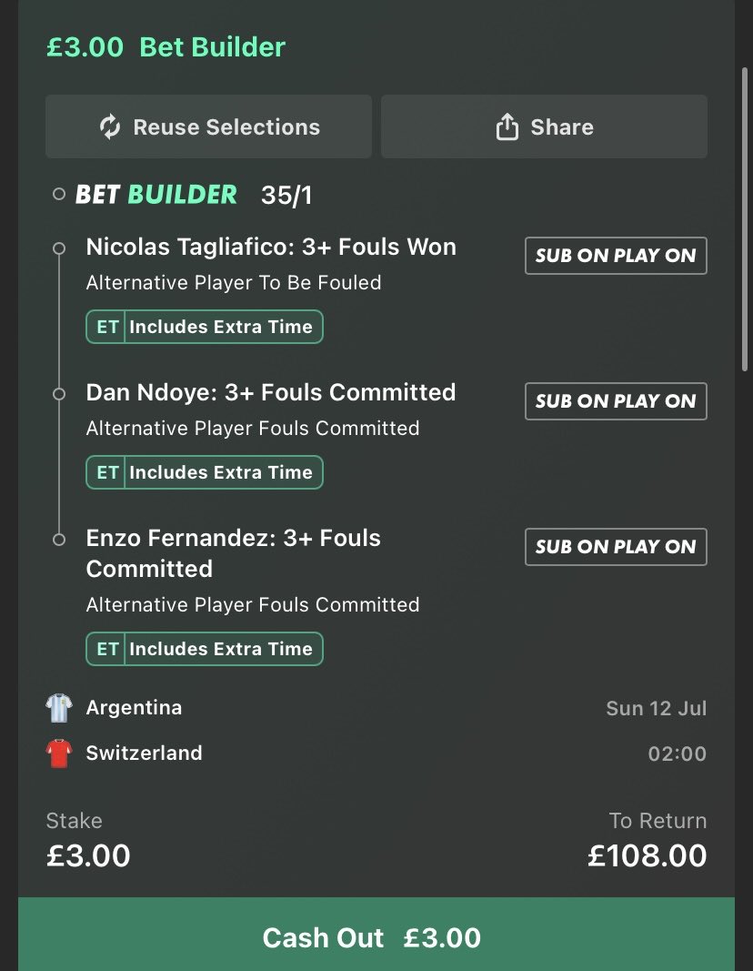 x3m1014's tweet photo. Argentina vs Switzerland Matchup Bet Builder

RW vs LB | Ndoye vs Tagliafico
CM vs CM | Enzo vs Xhaka

Ndoye Fouls (1.69 per 90)
3,1,1,1,1,0,2,4,1,1,1,0,2,4,2,2,1
(excluding friendlies)

Tagliafico Fouls Won This WC (2.73 per 90)
1,2,2,1

tagliafico has managed to draw a foul every game so far including 2 appearances off the bench. out of 6 total draws 5 have been fouls directly from the opposing rw.

Enzo Fouls (2.04 per 90)
2,1,2,1,1,3,1,2,2,2,5,1

matchup vs xhaka and rieder in midfield averaging 1.72 and 2.2 fouls won per 90. 

3u
1u
0.3u