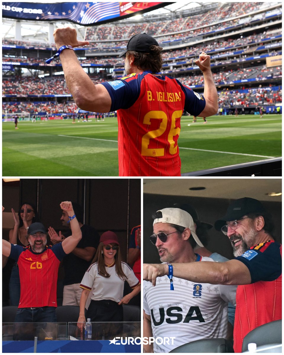 Eurosport_ES's tweet photo. Javier Bardem, el mayor fan de España en este Mundial 🇪🇸👏🎬

Así ha vibrado con la Selección en su pase a semifinales, con la camiseta de Borja Iglesias y junto a Penélope Cruz y Brad Pitt 🙌 https://t.co/SKZmmh3UOU
