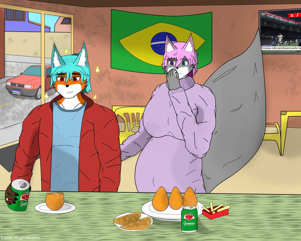 Nightbloom2fur's tweet photo. Firo ended up discovering the best flavor he had ever experienced in his life... the Brazilian *coxinha*!!! Luna seems to be having fun with the reaction XD
#wolfgirl #pregnant #furryart #brazil #brasil #foxman #restaurant #couple https://t.co/b7Qsnax1YA